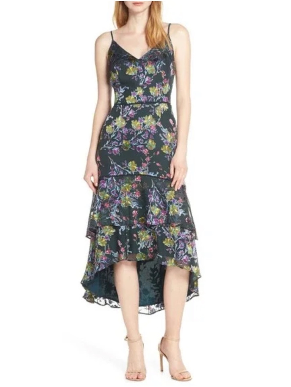 EUC Harlyn Y2K Floral Burnout High Low Ruffle Layered Dress